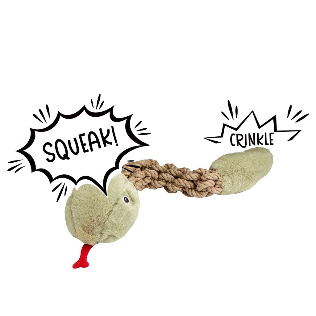 Tough Hemp Rattlesnake Dog Toy: Non-Toxic, Squeaky & Crinkly, Mentally & Physically Stimulating for Chewing & Fetching, Durable Hemp Rope for Dental Cleaning & Gum Massage, Perfect for Chewers & Destructive Pets